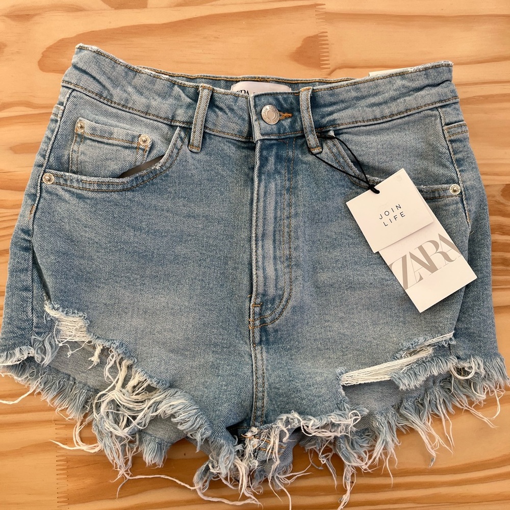 Zara Hi-Rise Light Blue Distressed Denim Shorts